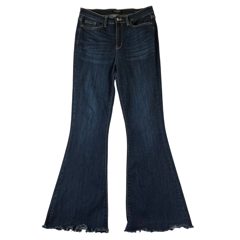 Judy Blue High Rise Flare Jeans Women 11/30 Dark Wash Raw Hem Stretch